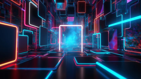 3d render abstract background blue red neon light. Created with Generative AI technologyの素材