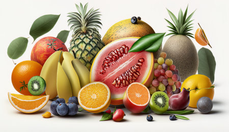 Pineapple, kiwi, lemon, lime, orange, papaya, coconut, pomegranate, and carambola are used in a creative layout. Lay flat. concept of food. Created with Generative AI technologyの素材