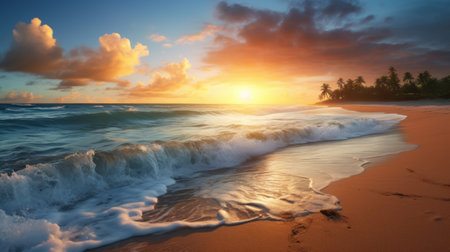 A painting of a sunset on a beach. Created with Generative AI technologyの素材
