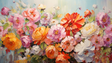 A painting of colorful flowers in a vase. Created with Generative AI technologyの素材