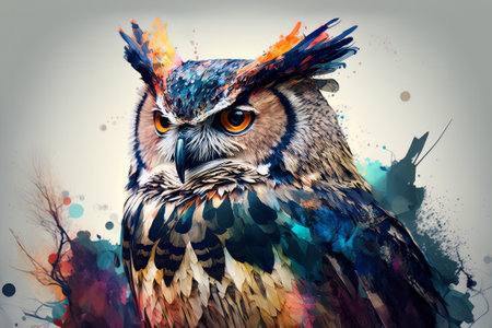 Watercolor painting of owl in style of colorful abstract art. Admirable Generative AI image. Created with Generative AI technologyの素材