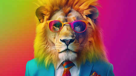 Corporate Zoo: Lion Animal Professionals in Stylish Business Attire on Vibrant Rainbow Backdrop in 8K created with generative ai technology. Created with Generative AI technologyの素材