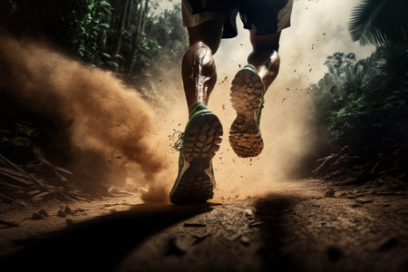 Close-up at the runner feet is running on the dirt route at the jungle, street and road. Created with Generative AI technologyの素材