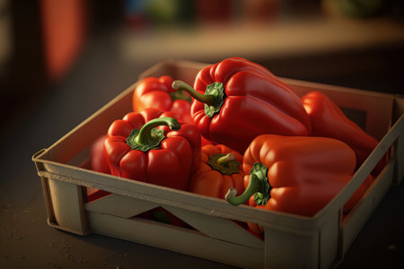 Close up of a crate of sweet red bell capsicum peppers. Created with Generative AI technologyの素材