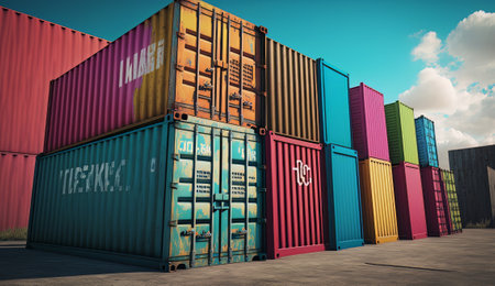 Empty road near stack of containers during sunset. Created with Generative AI technologyの素材