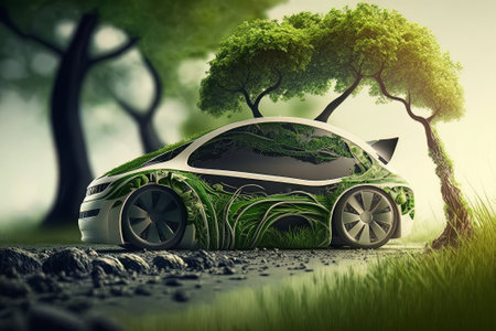 Green eco car concept made up of green leaves, 3D illustration. Created with Generative AI technologyの素材