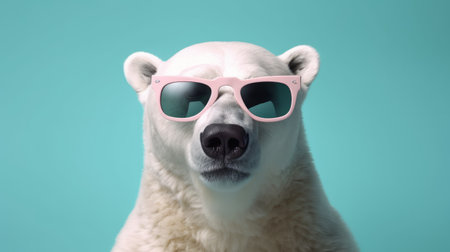 Polar Bear wearing sunglasses on a solid color background, digital art, faceted. Created with Generative AI technologyの素材