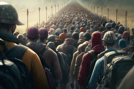 Crowd of refugee people goes in a line to cross the border to another country. Created with Generative AI technologyの素材