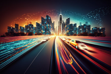 Smart digital city with high speed light trail of cars of digital data transfer ai generated. Created with Generative AI technologyの素材