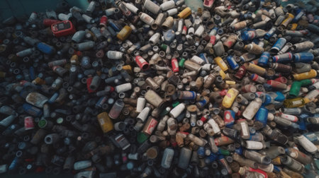 Aerial top view large garbage bottle pile background. Created with Generative AI technologyの素材
