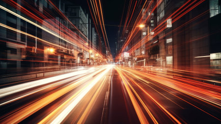 Illustration showing hyperloop speed warp with smeared lights from a megacity at night. Created with Generative AI technologyの素材