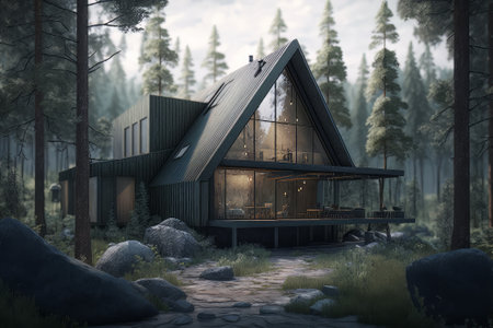 A small house in the middle of a forest, scenery, art illustration. Created with Generative AI technologyの素材