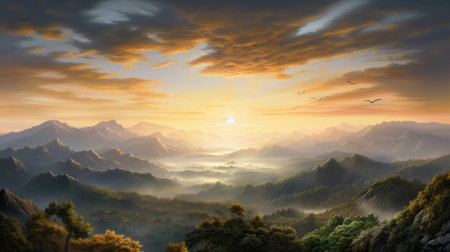 A painting of a sunset over a mountain range. Created with Generative AI technologyの素材