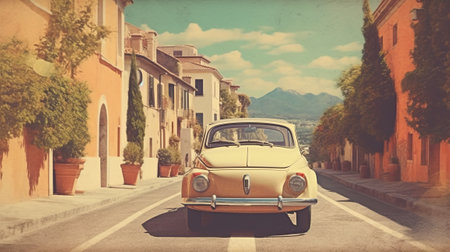 An abandoned vintage car on the roadside. Created with Generative AI technologyの素材
