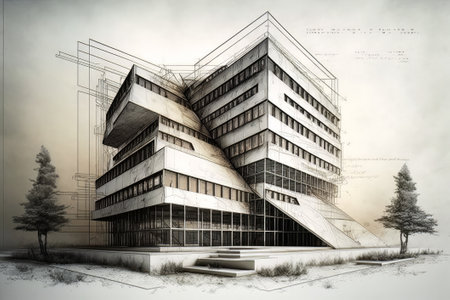 Perspective design for an architectural building, abstract line drawing of a contemporary urban building. Created with Generative AI technologyの素材