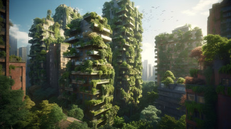 Splendid environmental awareness city with vertical forest concept of metropolis covered with green plants. Created with Generative AI technologyの素材