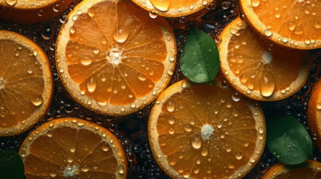 Fresh oranges with water drops on dark background, top view. AI Generative. Created with Generative AI technologyの素材
