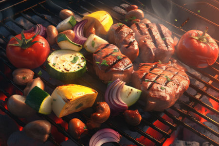 Grilled meat on the grill. Created with Generative AI technologyの素材