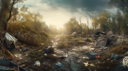Illustration of destroyed nature, panorama view of garbage in beautiful forest. Created with Generative AI technologyの素材