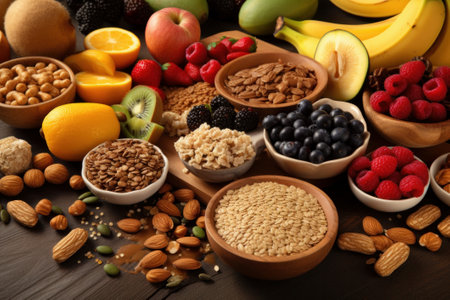 Organic food selection. Fruit, fresh berries and nuts. Healthy superfood assortment. Created with Generative AI technologyの素材