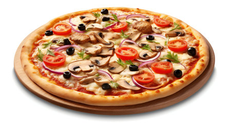 A delicious pizza topped with mushrooms, tomatoes, onions, and more. Created with Generative AI technologyの素材