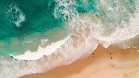 Aerial view. Tropical beach with turquoise ocean water and waves, aerial view. Created with Generative AI technologyの素材