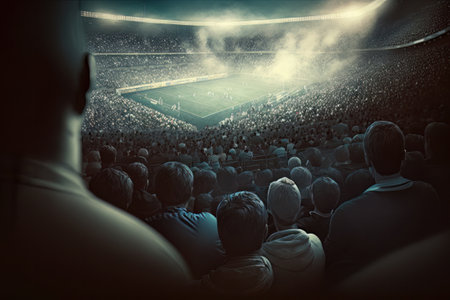 Cinematic Football stadium background with full of crowded audience. Created with Generative AI technologyの素材