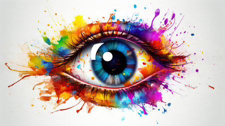 An eye with vibrant paint splatters. Created with Generative AI technologyの素材