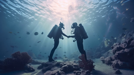 A couple of divers in love holding hands and looking at each other under the sea. Created with Generative AI technologyの素材