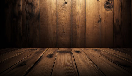 Wooden background with a table for the montage of your product. Created with Generative AI technologyの素材