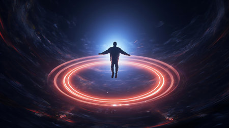 A man standing in a tunnel with his arms outstretched. Created with Generative AI technologyの素材