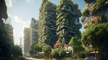 Splendid environmental awareness city with vertical forest concept of metropolis covered with green plants. Created with Generative AI technologyの素材