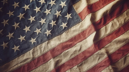 An American flag waving in the wind against a clear blue sky. Created with Generative AI technologyの素材