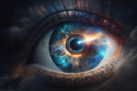 A beautiful eye in which you can see the cosmos. Created with Generative AI technologyの素材