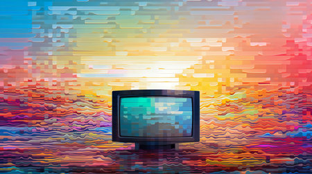A television placed on a wooden table in a living room. Created with Generative AI technologyの素材