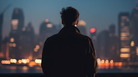 A man looking out over a city at nightの素材
