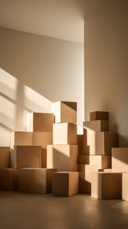 A pile of cardboard boxes sitting on top of a floorの素材