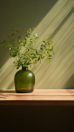 A green vase with a plant in it on a tableの素材