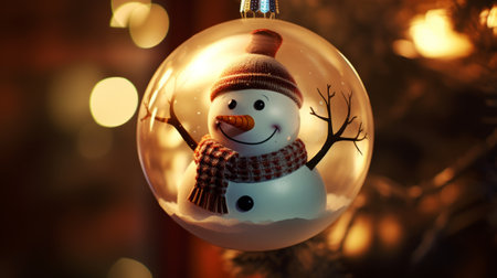 A snowman ornament hanging from a christmas treeの素材