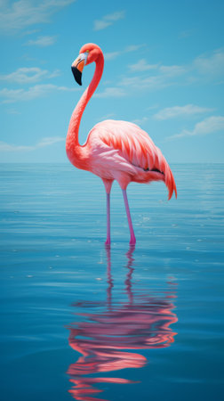 A pink flamingo is standing in the waterの素材
