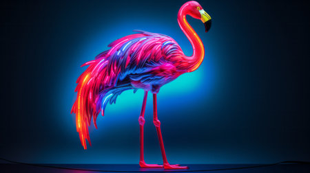 A pink flamingo standing in a dark roomの素材