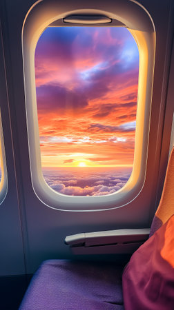 A view of a sunset through an airplane windowの素材