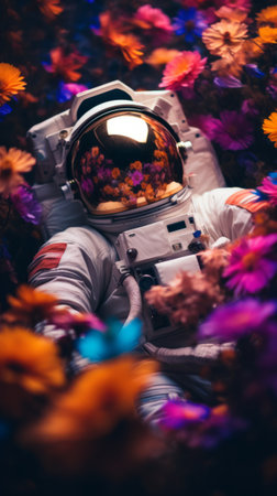 A man in a space suit surrounded by flowersの素材