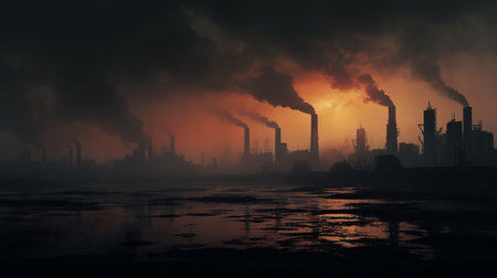Smoke bills from the stacks of industrial buildings as the sun setsの素材