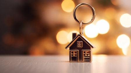 A house keychain sitting on top of a tableの素材