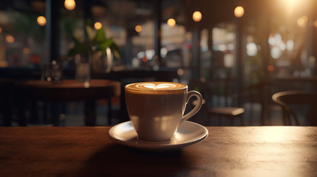 A cup of coffee sitting on top of a wooden tableの素材
