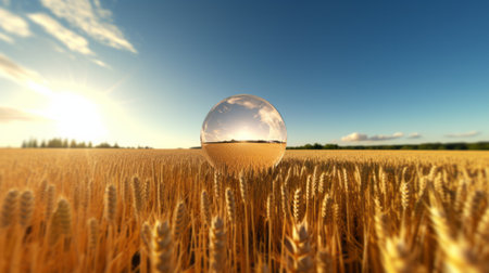 A crystal ball in a wheat field with the sun in the backgroundの素材