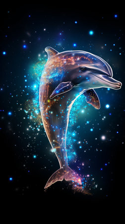 A dolphin jumping out of the water with stars in the backgroundの素材