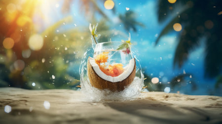 A glass filled with water and fruit on top of a tableの素材