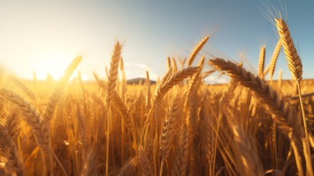 A close up of a wheat field with the sun in the backgroundの素材